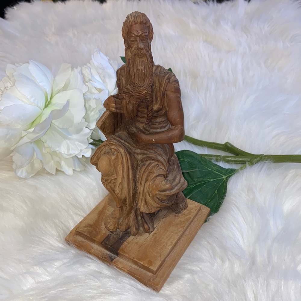 Vintage Handmade Carved Wood Moses Carving in Wood Statue Sculpture Natural